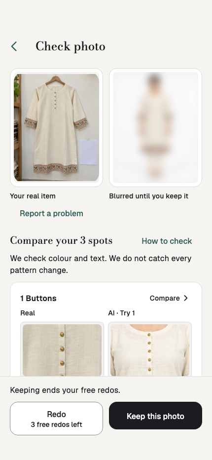 Sample Check photo screen. Original and blurred AI image, marked spots, and a warning that keeping ends free redos.